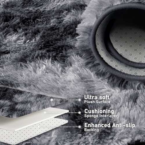 Soft Shaggy Non-Slip 5x7 Area Rug in Tie-Dye Grey for Living Room, Bedroom, Playroom and Nursery