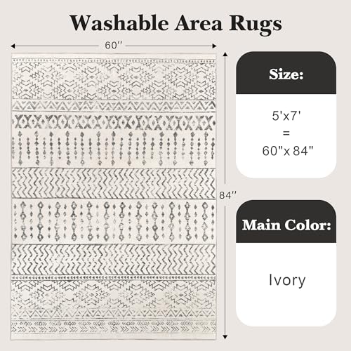 Super Soft 5x7 Ivory Moroccan Washable Rug, Anti-Slip Geometric Design