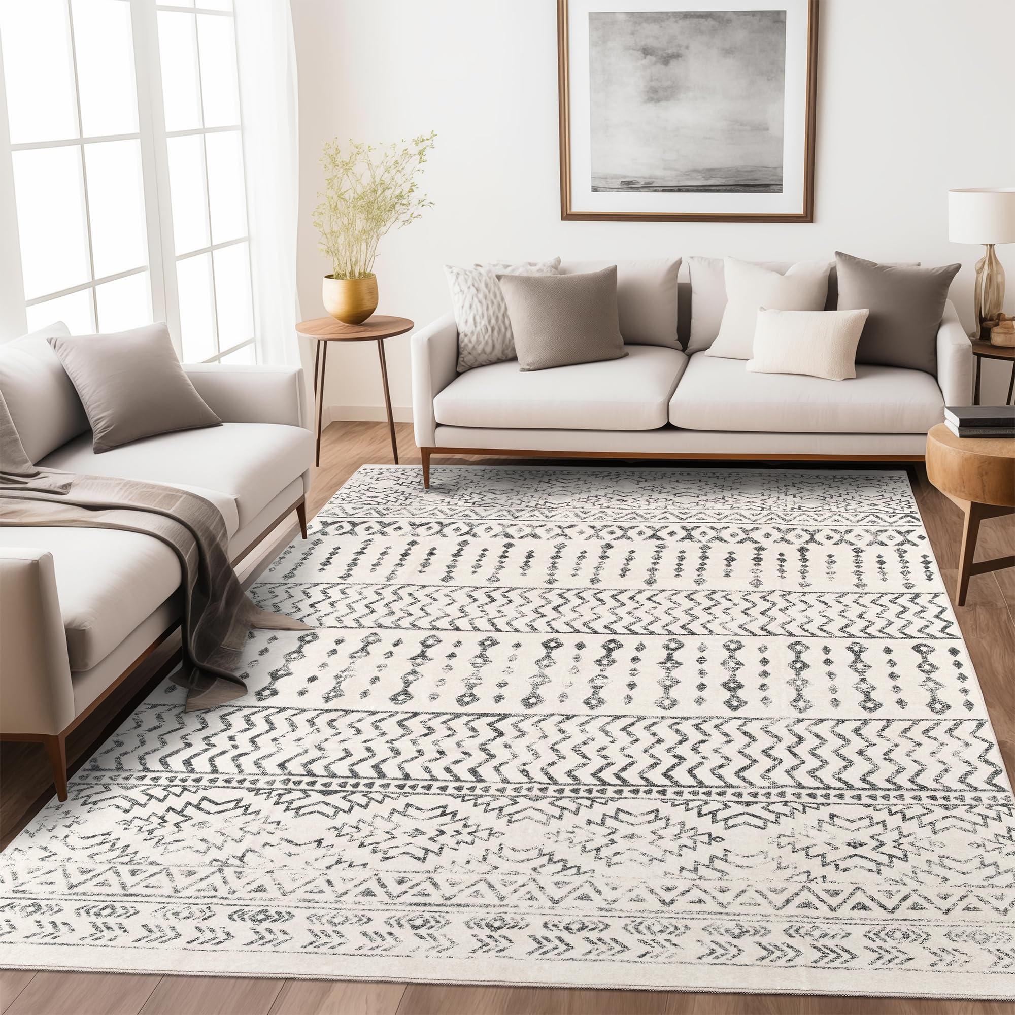 Super Soft 5x7 Ivory Moroccan Washable Rug, Anti-Slip Geometric Design