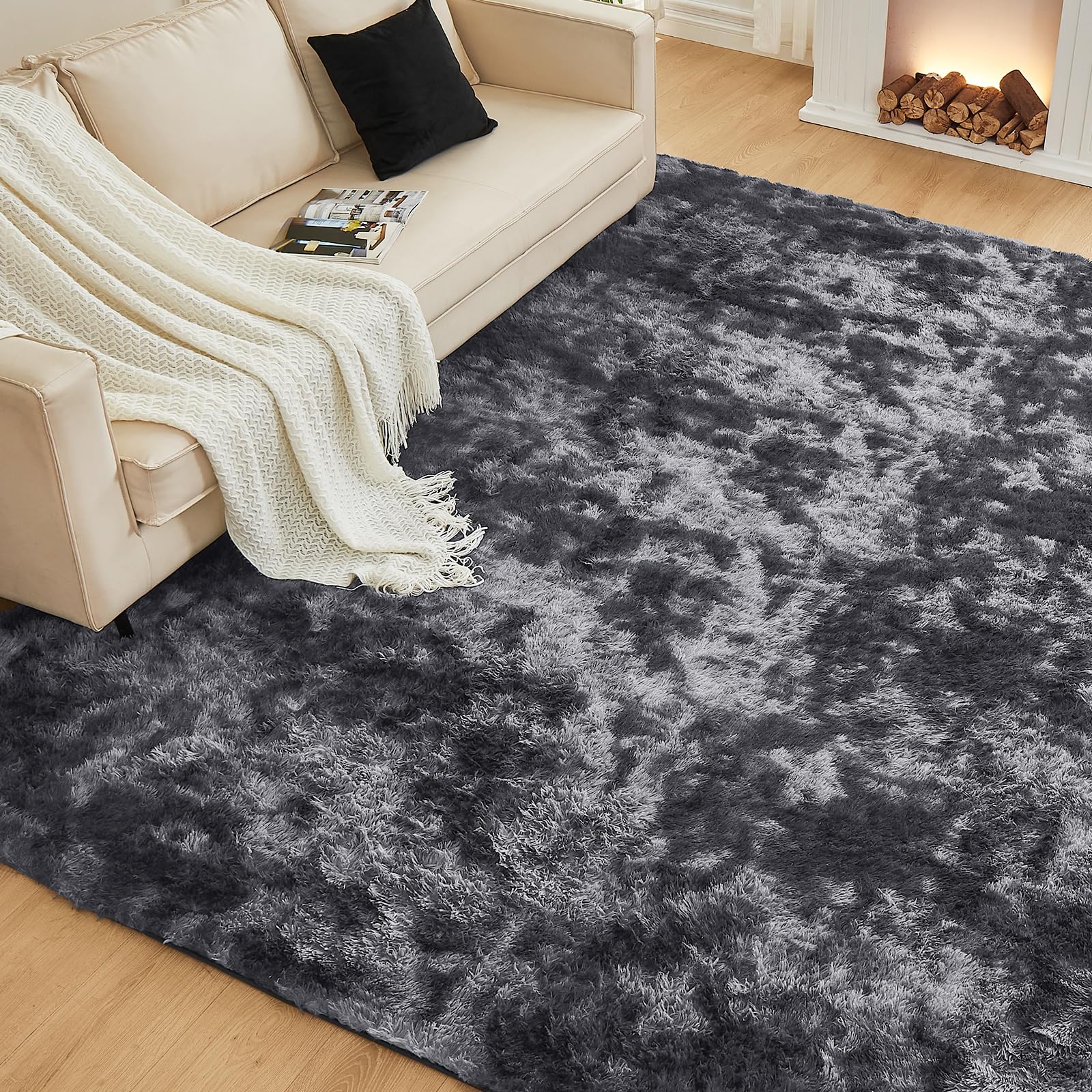 Soft Shaggy Non-Slip 5x7 Area Rug in Tie-Dye Grey for Living Room, Bedroom, Playroom and Nursery